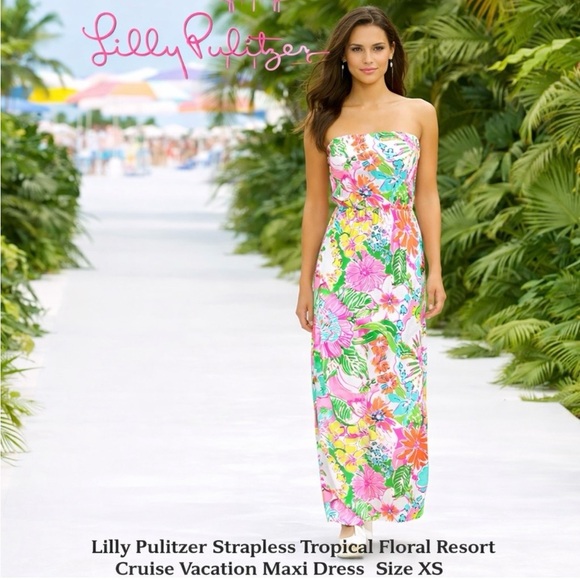 Lilly Pulitzer for Target Colorful Tropical Floral Strapless Maxi Dress XS - Picture 2 of 7